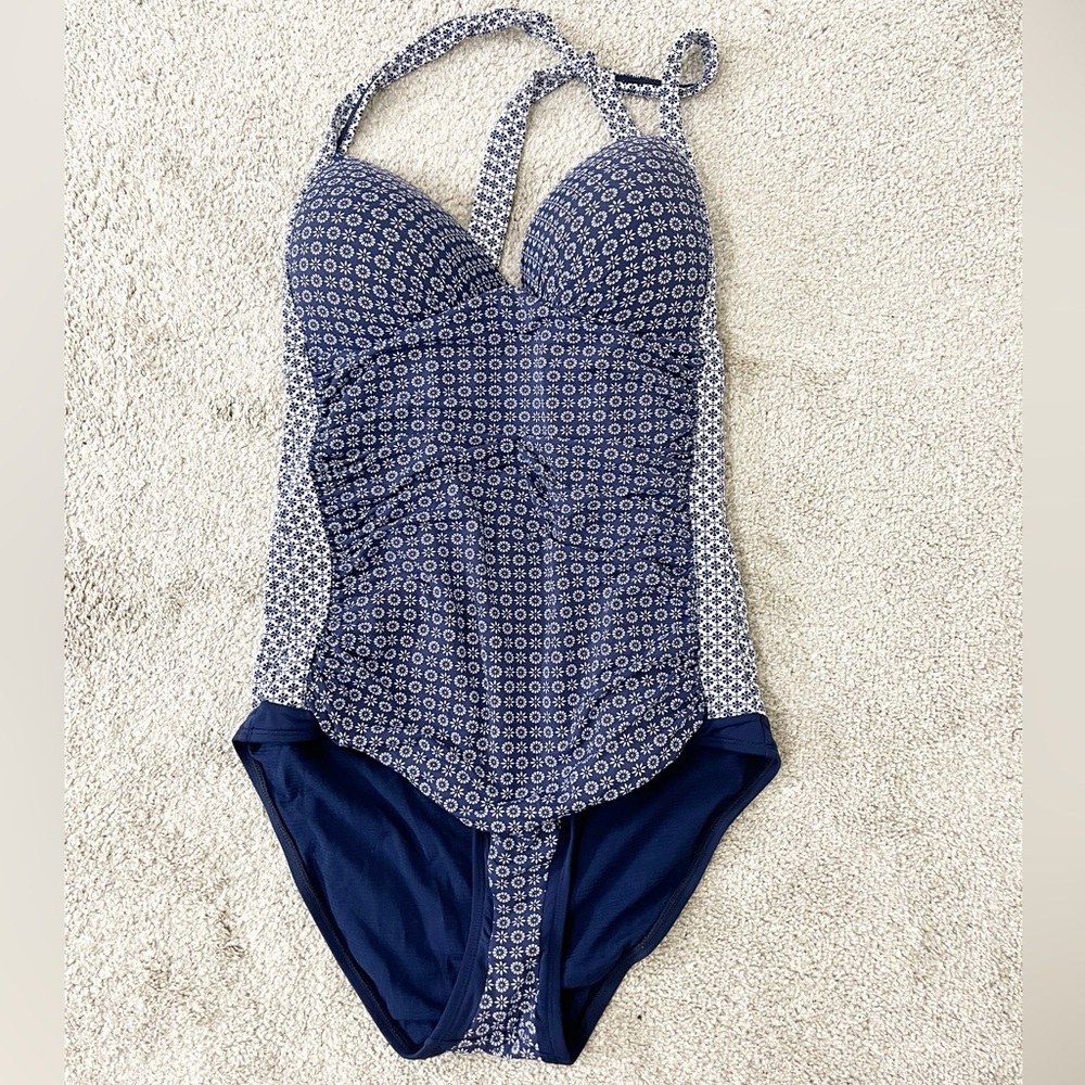 SIA Australia Large Blue Pattern Halter Ruched Molded Cups One Piece Swimsuit